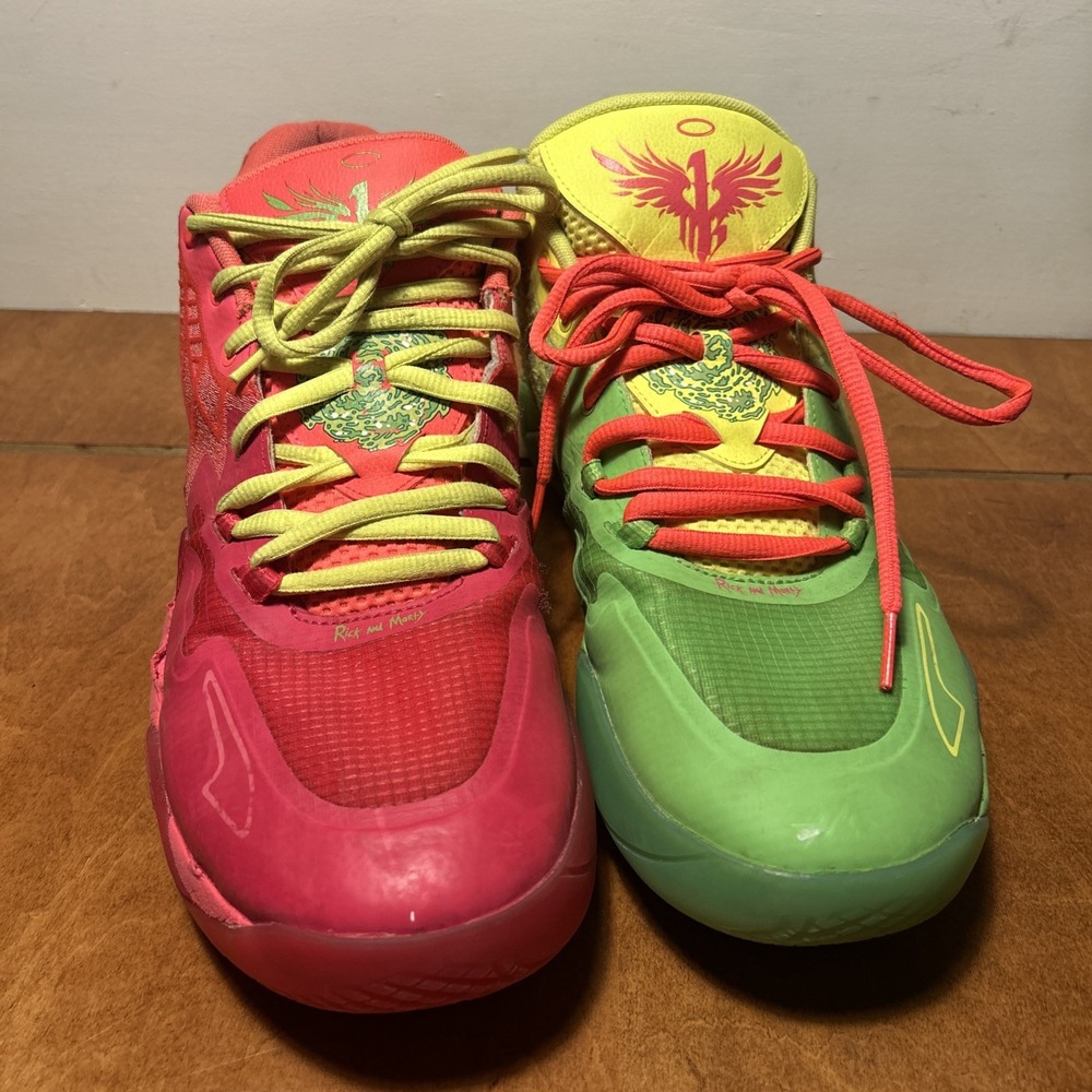 Puma MB 01 Rick & Morty Men's Red Green Mismatched LaMelo Basketball Shoes Sz 12